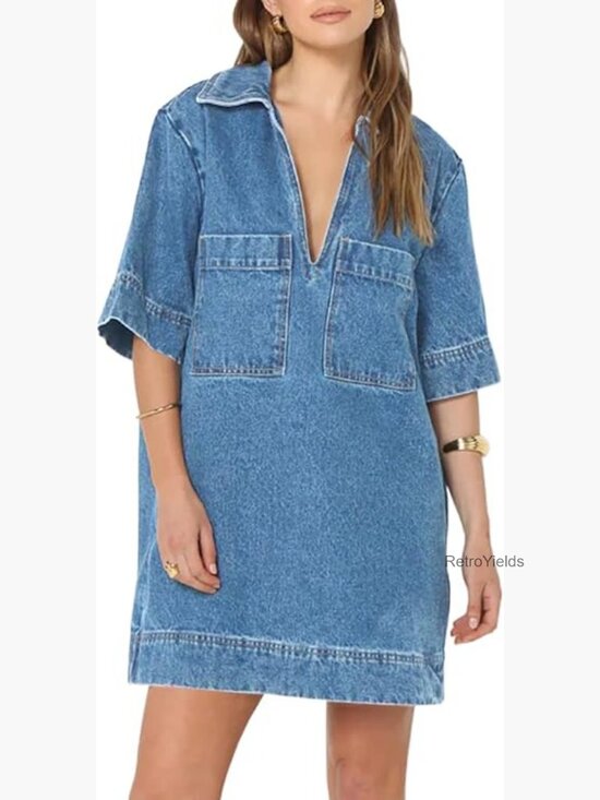 Dresses & Skirts - Denim Mini Dress Shift Silhouette Deep V Neck Short Sleeve Casual Staple